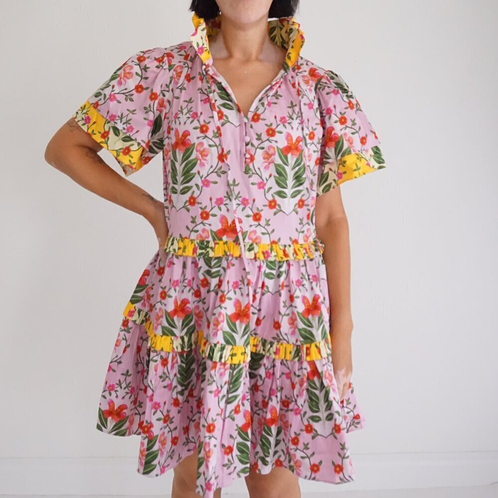 Alden Adair Pink Floral Button Front Tiered Ruffle Short Sleeve Cotton Dress S